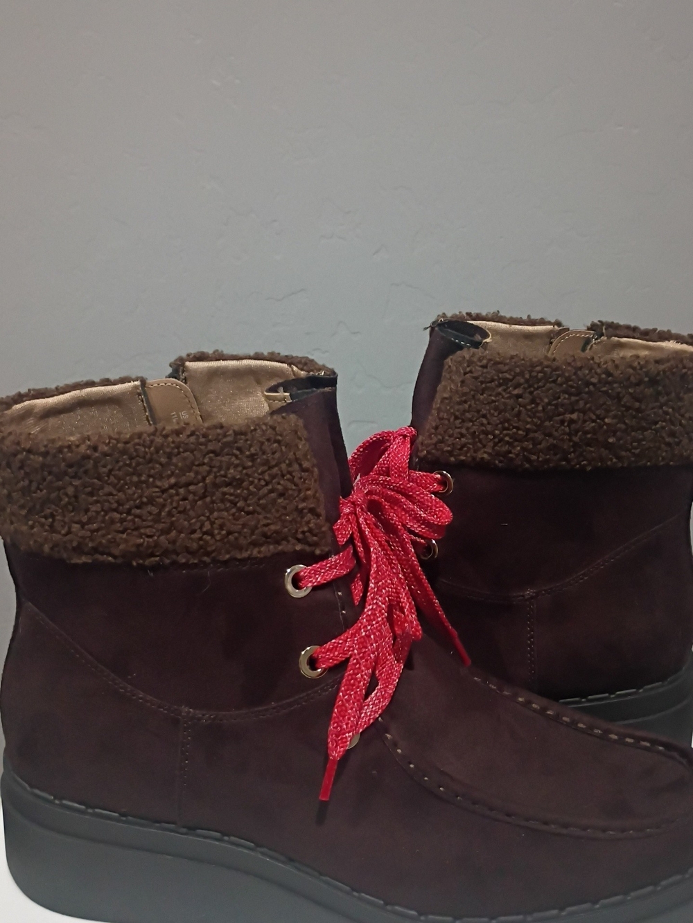 Life Stride Women's Brown Suede Ankle Booties with Red Laces